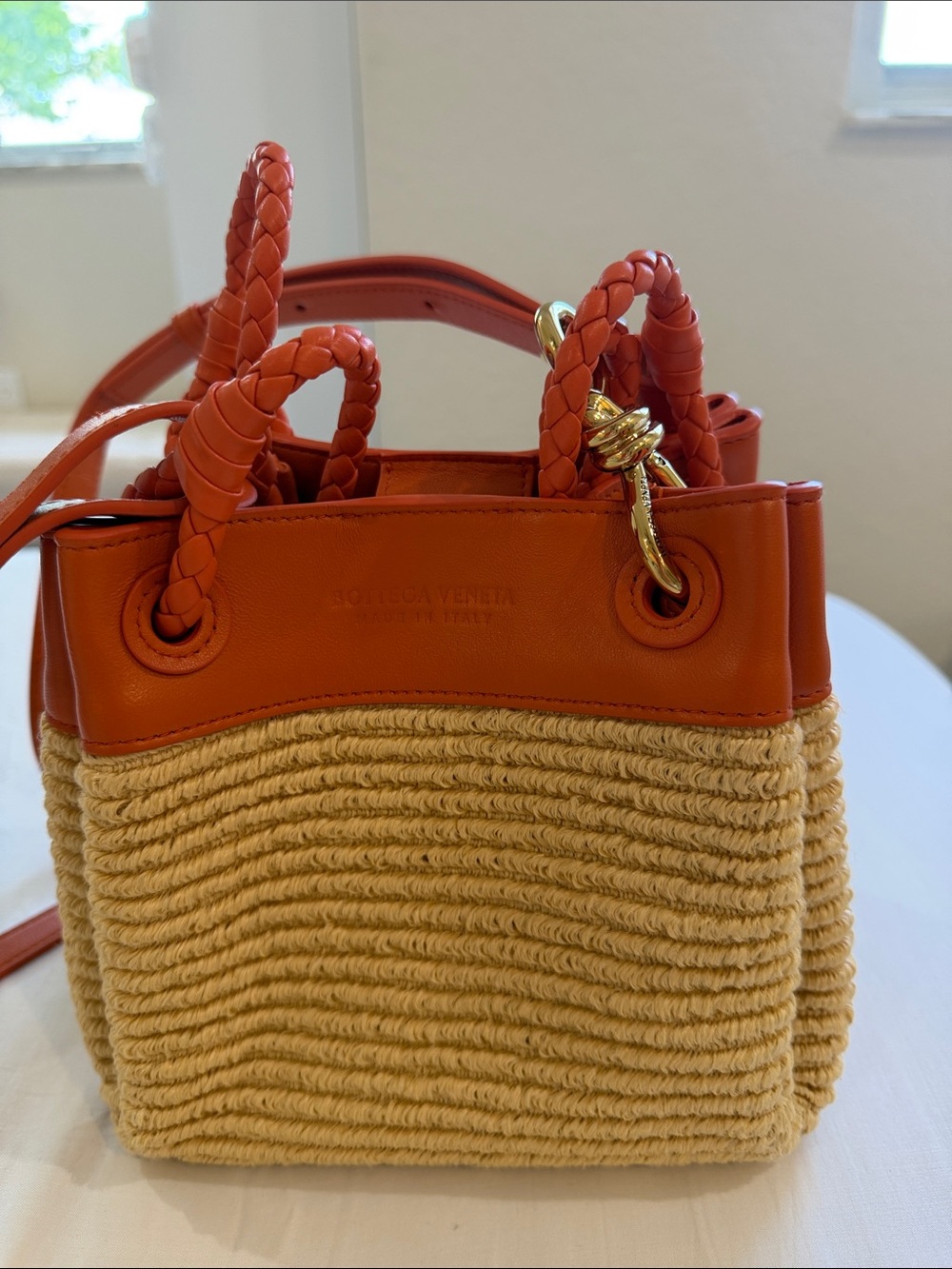 Bottega Veneta Orange Leather-Trim Raffia Shoulder Bag